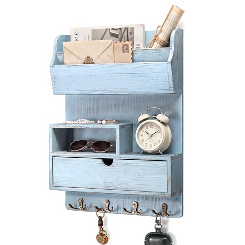 Rebee Vision Pine Wood Key Holder Wall Mount with Shelf & Drawer, Blue | Mail and Key Organizer, Featuring Cubby, 4 Key Hooks, Storage for Letters, Decor Accents and Apartment Entryway Organization - color: Blue
