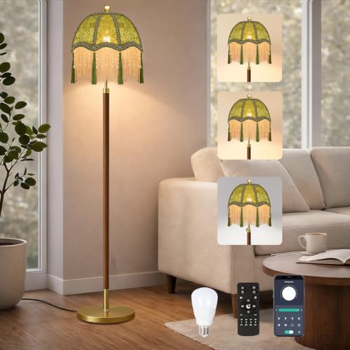 AHDWDW Gold Vintage Floor Lamp for Living Room Bedroom,Victorian Floor Lamps with Remote,Wood Standing Tall Lamp with Green Tassels Velvet Lampshade,Fringe Dimmable Floor Lamp for Corner Reading Decor - size: E