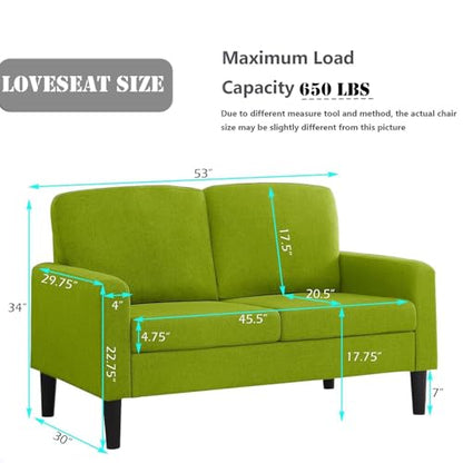 Loveseat Sofa 53" Green Small Couch for Small Sapces, 2 Seater Love Seat Comfy Linen Fabric Office Couch,All-Wood Couches for Bedroom, Dorm, Apartment with High Legs - color: Green