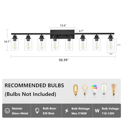 8 Light Black Bathroom Vanity Light Fixture, Long Farmhouse Vanity Lights Over Mirror,Modern Large Bathroom Lighting Wall Light with Clear Glass Globe for Mirror,Living Room,Bedroom - color: Black, size: 8 Light