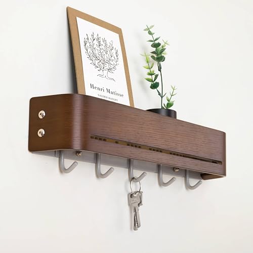 Key Holder Wall Mount with Shelf | Brown | 17 inch | 5 Retractable Hooks | Modern Wall Coat Hooks | Minimalist | Space-Saving | Wooden Key Rack for Entryway & Hallway - color: Brown