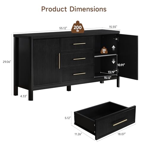 55" Buffet Cabinet with Storage, Reeded Sideboard Cabinet with 3 Drawers, 2 Doors and Thickended Top, Wood Coffee Bar Cabinet with Adjustable Shelves, Storage Cabinet for Entryway, Living Room, Black - color: Black