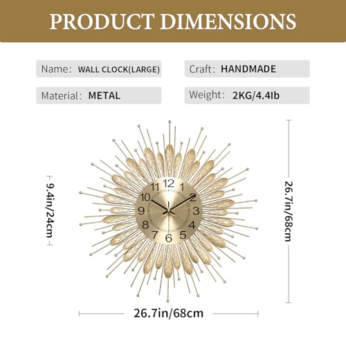Large Wall Clock,27inch Gold Wall Clock Non-Ticking Mid Century Wall Clocks for Living Room Decor,Battery Operated Wall Clock for Bedroom&Living Room - size: 27inch-normal