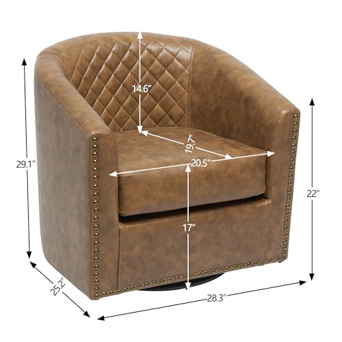 KINWELL 29" W Faux Leather Tufted PU Swivel Barrel Accent Chair, Coffee | No Assembly Vegan Leather Upholstered Swivel Club Chair with Nailhead Trim, Modern Armchair for Small Spaces Apartment - color: Coffee, style: Set of 1