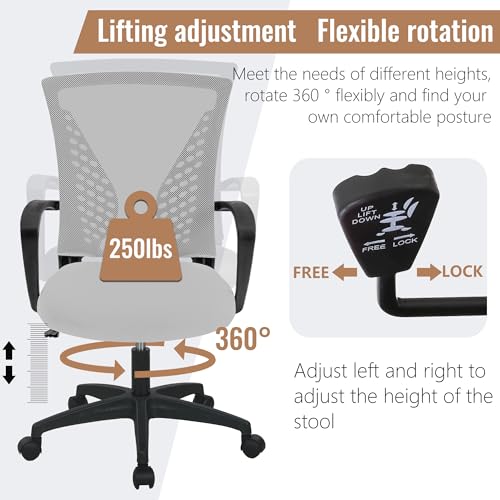 FDW Home Office Chair Mid Back PC Swivel Lumbar Support Adjustable Desk Task Computer Ergonomic Comfortable Mesh Chair with Armrest (Grey) - color: Grey