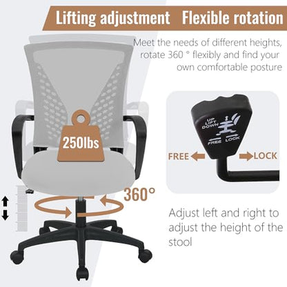 FDW Home Office Chair Mid Back PC Swivel Lumbar Support Adjustable Desk Task Computer Ergonomic Comfortable Mesh Chair with Armrest (Grey) - color: Grey