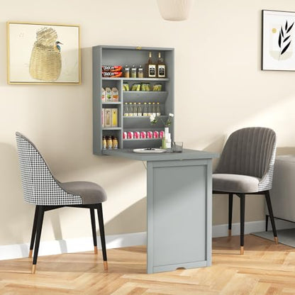 GOFLAME Wall Mounted Folding Desk with 3-Tier Tilt Storage Partition and Adjustable Shelves, Space-Saving Convertible Writing Desk for Home Office, Gray - color: Grey