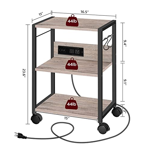 MAHANCRIS Industrial Printer Cart, 3-Tier Mobile Printer Stand, Rolling Cart with Power Outlets and USB Ports, Home Printer Stand with 2 Hooks, for Office, Living Room, Greige PTHG40E01 - color: Greige