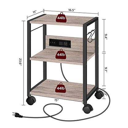 MAHANCRIS Industrial Printer Cart, 3-Tier Mobile Printer Stand, Rolling Cart with Power Outlets and USB Ports, Home Printer Stand with 2 Hooks, for Office, Living Room, Greige PTHG40E01 - color: Greige