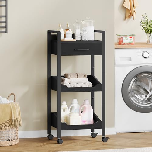 Hoctieon 3-Tier Rolling Storage Cart with Drawer, Rolling Utility Cart Organizer, Mobile Shelving Unit with Wheels, Metal Frame, Kitchen Utility Cart for Small Space, Office, Bathroom, Black - color: Black