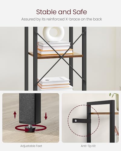 VASAGLE 5-Tier Bookshelf, Bookcase with Steel Frame, Book Shelf for Living Room, Home Office, Study, 11.8 x 15.7 x 60.2 Inches, Industrial Style, Rustic Brown and Ink Black ULLS100B01 - color: Rustic Brown + Ink Black, size: 5 Tiers (11.8"D x 15.7"W x 60.