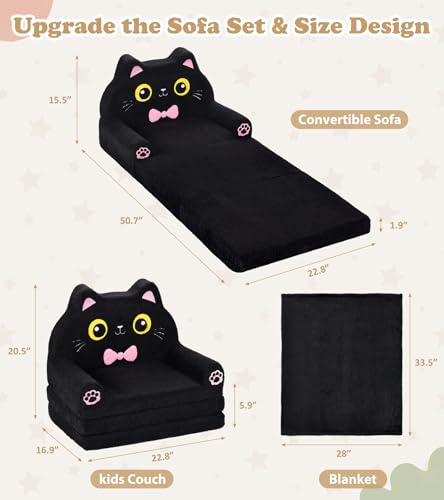 Foryoomi Kids Couch, 2-in-1 Soft Toddler Couch Fold Out with Blanket, Chair Comfy, Foldable Convertible Plush Sofa, Gifts for Kids Girl Boys, Black Cat - color: Black