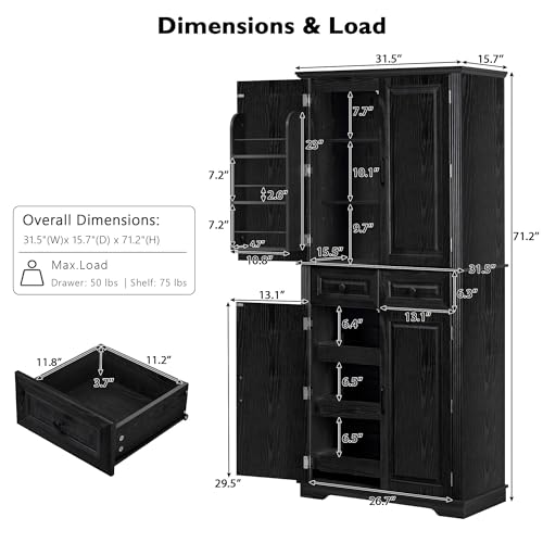 Ball & Cast 71" Farmhouse Kitchen Pantry Cabinet with 3 Pull-Out Organizers, Tall Storage Cabinet with 4 Doors, 2 Drawers, 6 Door Shelves & Adjustable Shelves, Freestanding Cupboard, Black - color: Black -1, size: 31.5in W