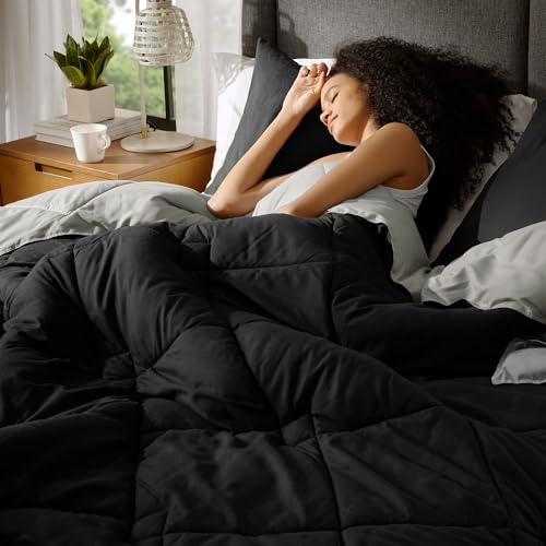 Comfort Spaces Vixie Reversible Comforter Set - Trendy Casual Geometric Quilted Cover, All Season Down Alternative Cozy Bedding, Matching Sham, Black/Gray, Twin/Twin XL 2 piece | Down Alternative, All Season, Bedding for Bedroom, Geometric Pattern, Revers