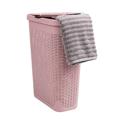 Mind Reader Slim Laundry Hamper with Lid, 40L Clothes Basket, Narrow Tapered Design with Ventilated Cutout Pattern, Plastic, Pink - color: Pink, size: Single
