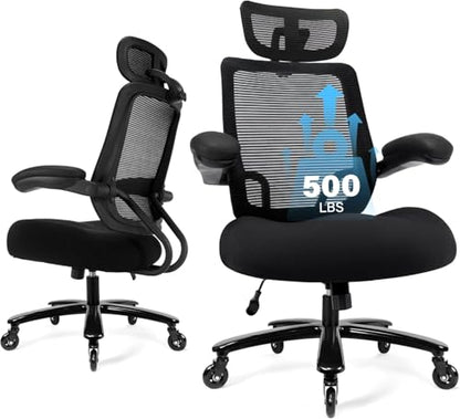 500lbs Big and Tall Office Chair - Heavy Duty Mesh Ergonomic Desk Chair with Headrest, High Back Computer Chair - Flip-up Armrests, Wide Thick Seat Cushion, Quiet Wheels, Black - color: Black With Headrest