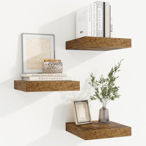 fuqing Floating Shelves for Wall, Wall Mounted Wood Floating Shelf with Invisible Brackets for Living Room, Bathroom, Bedroom, Kitchen Storage and Decor,6.5 Inch Set of 3, Rustic Brown - color: Rustic Brown, size: 6.5"W x 6.5"D , 3 Pack