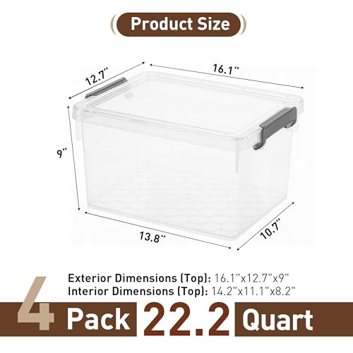 Citylife 22.2Qt Ultra-Thick (3.82mm) Clear Plastic Storage Bins with Lids, 4-Pack Stackable Straight-Wall Closet Organizers with Honeycomb Base & Pinch-Free Latches for Garage, Clothes & Holiday Decor - size: 22.2 QT, style: 4 Pack