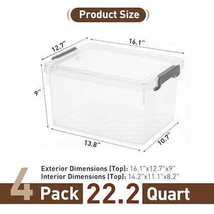 Citylife 22.2Qt Ultra-Thick (3.82mm) Clear Plastic Storage Bins with Lids, 4-Pack Stackable Straight-Wall Closet Organizers with Honeycomb Base & Pinch-Free Latches for Garage, Clothes & Holiday Decor - size: 22.2 QT, style: 4 Pack