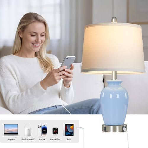 23" Light Blue Ceramic Table Lamp Set of 2 for Bedroom, Modern Bedside Lamps for Nightstand Living Room Office Dining Room SideTable - color: Light Blue