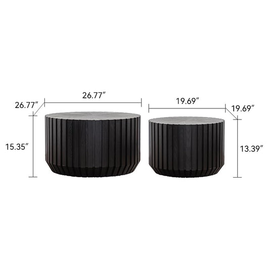 46.46'' Black Round Nesting Coffee Table Set of 2, Modern Circle Fluted Drum Coffee Table for Living Room, No Assembly, Black - color: M1-46.46in-black