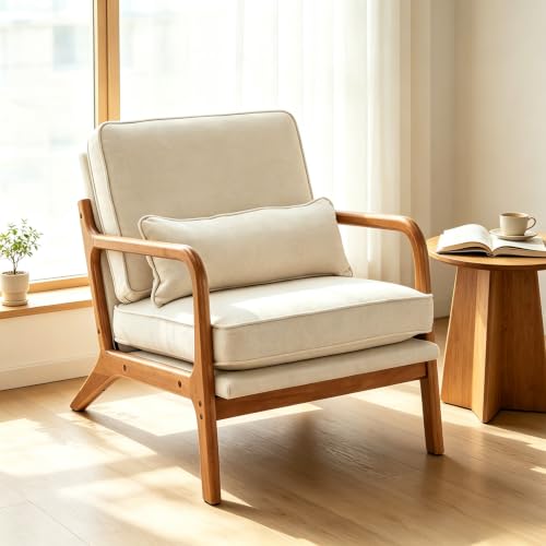 Karl home Mid-Century Modern Accent Reading Chair, Beige | Linen Upholstered, Solid Wood Frame, Soft Cushion, Lumbar Pillow, Lounge Armchair for Living Room, Bedroom, Balcony, Study - color: Linen Beige