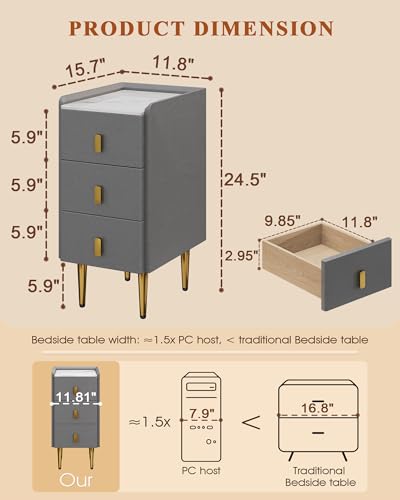 Narrow Nightstand with Drawers, 11.81" Narrow Bedside Table for Bedroom | Solid Wood Narrow Night Stand with Sintered Stone Top & Leather Surface, Slim Nightstand for Small Spaces, Gray - color: Grey, size: 15.7''×11.8''×24.5''