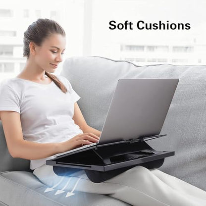 HUANUO Adjustable Lap Desk with 6 Angles – Up to 15.6" Laptop, Black | Detachable mouse tray for left/right use, dual-cushion base, anti-slip design, carry handle, for home office, sofa, bed, car
