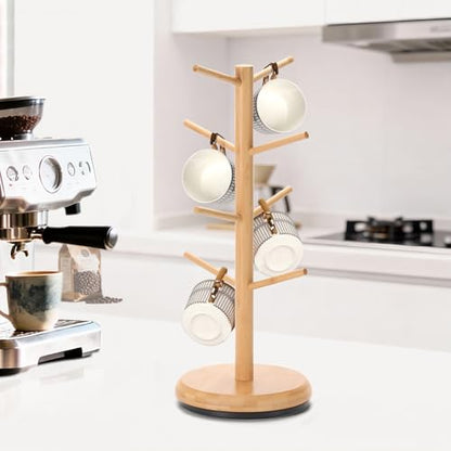 BAMBANG Mug Holder, 360° Rotating Mug Tree Holds 8 Coffee Cups, Space Saving Mug Rack with Stable Base for Kitchen Coffee Bar - color: Natural