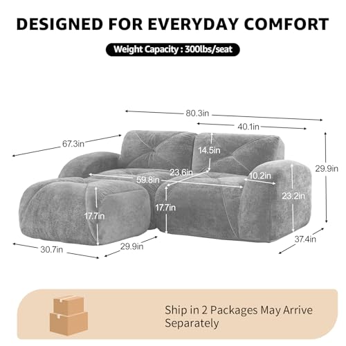 Black Loveseat Sectional Couches for Living Room, Velvet Fabric Boneless Couch, No Assembly Cloud Modular Sectional Sofa Love Seat with 1 Ottoman, Foam Couch Compressed Sofa Set, Sofas para Sala - color: Black, size: 2 Seater + 1 Ottoman