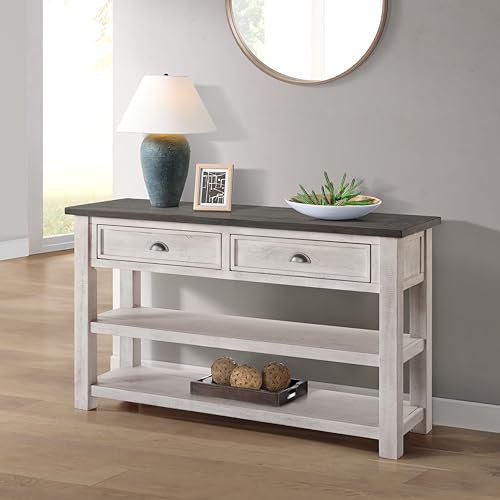 Martin Svensson Home Monterey Solid Wood Sofa Console Table, White & Grey | Farmhouse Style, Pine Wood, Two Drawers, Two Open Shelves for Storage - color: White With Grey Top
