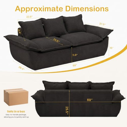 69" Boneless Couch, 3-Seater Oversized Boneless Loveseat Sofa with Removable Cushions & 3 Pillows, Deep Seat Compress Foam Sofa for Living Room, Apartments, & Office - color: Black, size: 3 Seater (69")