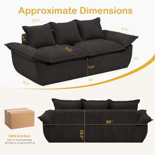 69" Boneless Couch, 3-Seater Oversized Boneless Loveseat Sofa with Removable Cushions & 3 Pillows, Deep Seat Compress Foam Sofa for Living Room, Apartments, & Office - color: Black, size: 3 Seater (69")