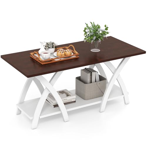 Giantex Farmhouse Coffee Table, 2-Tier Wood Center Table with Storage Shelf & X-Shaped Support Legs, 40 Inch Rectangular Living Room Table with Open Display Area for Small Space (Walnut&White) - color: Walnut & White