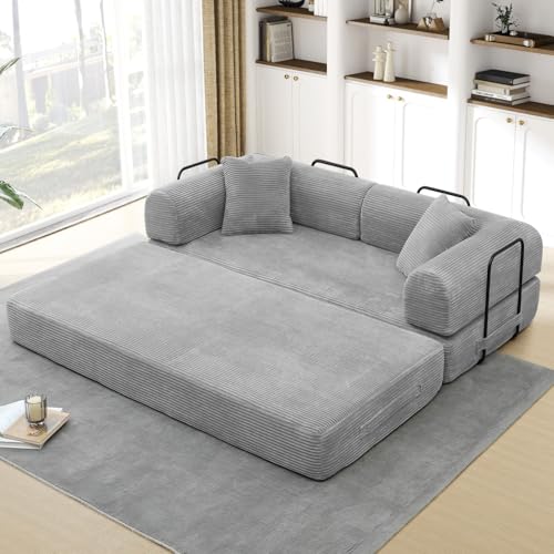 Convertible Folding Sofa Bed, Corduroy Sleeper Mattress Couch with Fixed-Shape Frame, Free Combination Loveseat Lounge Floor Sofa, Queen Size Memory Foam Couch for Living Room, Bedroom, Light Grey - color: Light Grey