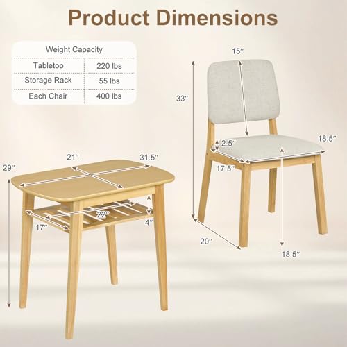 Giantex Dining Table Set for 2, Space Saving Kitchen Table and Chairs Set w/Rubber Wood Frame, Storage Rack, Padded Seats & Backrests, Dinette Set for Small Space, Apartment, Dining Room, Natural - color: Natural