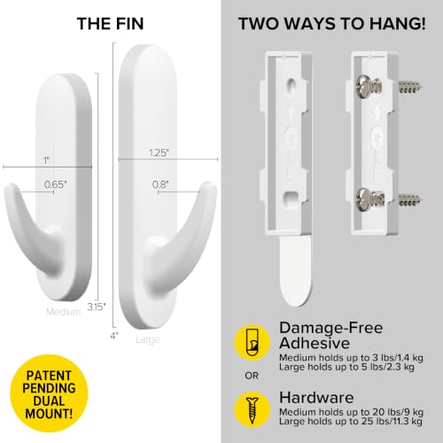 Wrap-It Storage Handy Hooks - The Fin Assorted 12 Pack (White) | Dual Option Wall Mount or Removable Adhesive Hooks - Dorm Room Essentials, Hand Towel Hooks for Bathrooms, Walls No Damage - color: White, size: Assorted 12-Pack