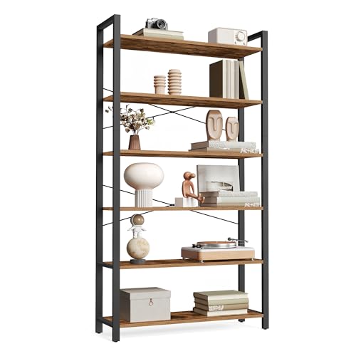 VASAGLE 6-Tier Bookshelf with Steel Frame, 31.5 x 11.8 x 72.6 Inches | Book Shelf, Modern Basic, Living Room, Home Office, Study, Rustic Brown and Matte Black, BARNET Collection ULLS082B01 - color: Rustic Brown + Ink Black, size: 6 Tiers (11.8"D x 31.5"W)