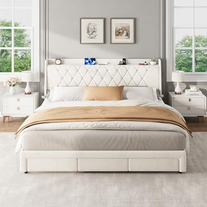 Garvee King Size Bed Frame with Storage, Velvet Upholstered Platform Bed Frame with Crystal Tufted Headboard, Charging Station, 3 Drawers, No Box Spring Needed, Noise-Free,for Bedroom, Ivory | Velvet Upholstered Platform Bed Frame with Crystal Tufted Head
