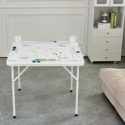 VEVOR Mahjong Table, 4 Player Folding Domino Table with Wear-Resistant Green Tabletop, Portable Square Card Table with 4 Cup Holders & 4 Chip Trays for Mahjong Poker Puzzles, 35.4 x 35.4-inch - color: Green