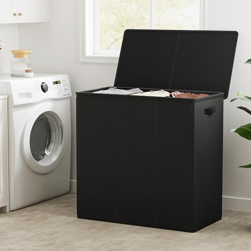 WOWLIVE 180L Laundry Hamper 3 Section, Large Laundry Basket with Lid | Dirty Clothes Hampers with Removable Bags and Handles, Collapsible Laundry Basket Organizer for Dorm Room, College, Black - color: Black, size: 180l (31.5"L x 12.5"W x 28"H)