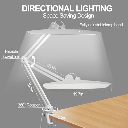 20" LED Desk Lamp with Clamp, 24W CCT Adjustable Dimmable Nail Light for Desk, 120 LEDs Metal Swivel Arm Daylight for for Nail Tech Task Home Office Reading Architect Craft, White - color: White