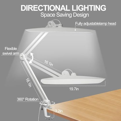 20" LED Desk Lamp with Clamp, 24W CCT Adjustable Dimmable Nail Light for Desk, 120 LEDs Metal Swivel Arm Daylight for for Nail Tech Task Home Office Reading Architect Craft, White - color: White