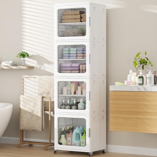 BROVIEW 4-Tier Tall Narrow Storage Cabinet 14.6” Wide, Slim Bathroom Cabinets with Adjustable Shelves and Doors, Plastic Kitchen Pantry Organizers and Storages for Small Space, Laundry, White - color: White, size: 4-Tier-14.6"W
