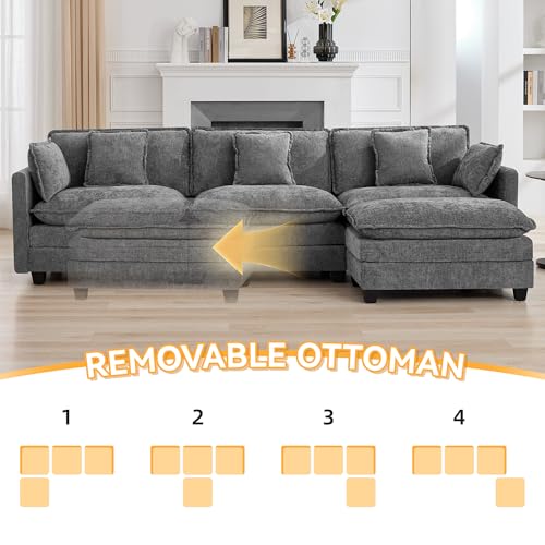 111'' Sectional Cloud Deep Seat Couch, Modern Comfy Chenille L Shaped Sectional Sofa for Living Room Set, Upholstered Modular 4-Seats Sofa Couch with 1 Movable Ottoman, Grey - color: Grey, size: 111'' L Shape
