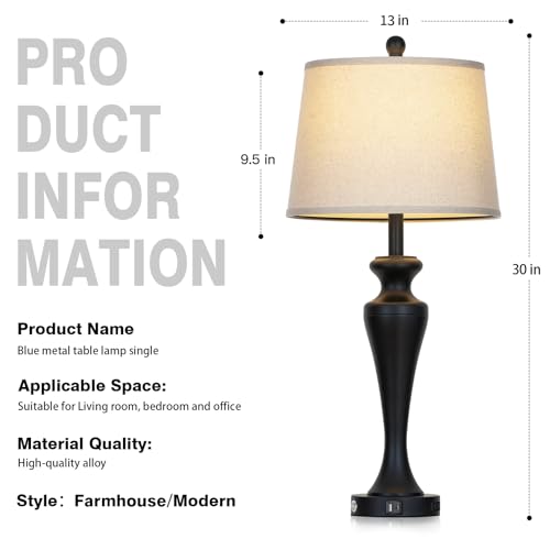 CINSARY 30 Inch Black Table Lamp for Living Room Single, 3-Way Dimmable Touch Control Lamp with USB A+C Ports and AC Outlet, Tall Bedside Lamps, Metal Bedroom Lamps for Nightstand, Bulb Included - color: Black (1 Pack)