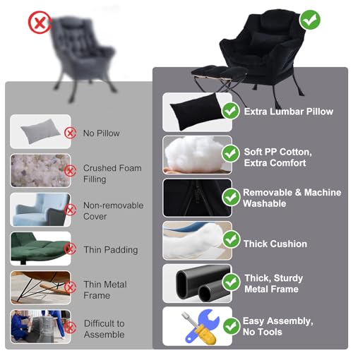 Lazy Chair with Ottoman, Velvet Reading Chair with Pillow， Black | Comfy Accent Lounge Chair with Pillow & folding Foot Stool, sturdy metal frame for bedroom, dorm or apartment, Living Room - color: Pure Black
