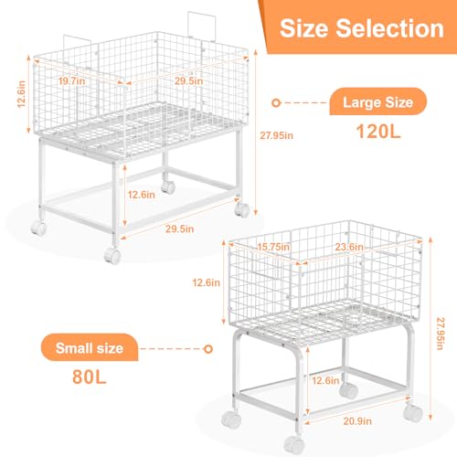 Laundry Basket with Wheels,80L Wire Rolling Laundry Basket with Pull Handle,White High Laundry Cart for Laundry Room,Bathroom,Bedroom-White(23.6 * 15.75 * 28inch) - style: Medium Oblong-White