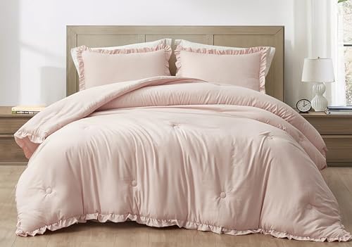 Chezmoi Collection Nora Blush Comforter Set King Size 3-Piece Fluffy Soft Stone-Washed Ruffled Shabby Chic Bedding for All Season - color: Blush, Ruffled Edge, size: King