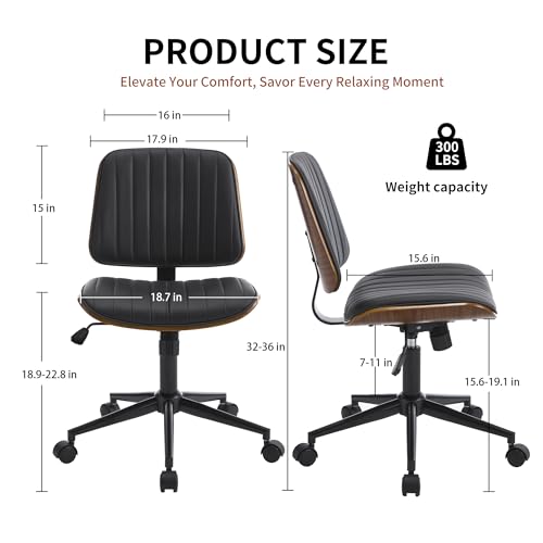 VipDesk Small Home Office Chair - Armless Mid Back Desk Chair with 360° Swivel and Wheels, PU Upholstered Height Adjustable Modern Walnut Computer Chair for Home, Office Meeting Room - Black - color: Black, size: Classic